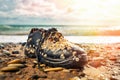 Concept of environmental protection and pollution. An old Shoe, covered with shells, lies on the shore. In the background, the Royalty Free Stock Photo