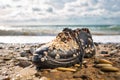 Concept of environmental protection and pollution. An old Shoe, covered with shells, lies on the shore. In the background, the Royalty Free Stock Photo