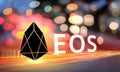 Concept of EOS coin moving fast on the road, a Cryptocurrency blockchain platform , Digital money