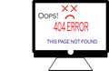 Concept of 404 Error Page or File not found icon. Page with flag 404 on laptop display. Isolated vector illustration Royalty Free Stock Photo