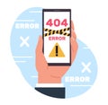 Concept of error 404, page not found, no connection to Internet. Hand hold smartphone with mistake sign on device screen Royalty Free Stock Photo