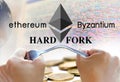 Concept of ethereum hardfork, split by byzantium, ethereum Cryptocurrency