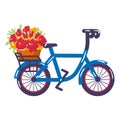 Concept european bicycle icon with basket flower trunk, city bike bouquet floret cartoon vector illustration, isolated
