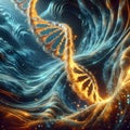 Concept of the evolution of human golden DNA in the distant future. View macro under the microscope. Blue helix background
