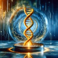 Concept of the evolution of human golden DNA in the distant future. View macro under the microscope. Blue helix background