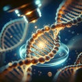 Concept of the evolution of human golden DNA in the distant future. View macro under the microscope. Blue helix background