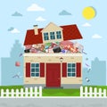 The concept of excessive consumerism. House bursting of stuff. Vector illustration.