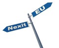 Concept of exit Netherlands from Eurounion. Road sign with two ways 