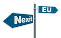 Concept of exit Netherlands from Eurounion. Road sign with two ways 