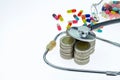 Concept of expensive healthcare with coins, stethoscope and pill