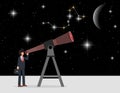 Concept of exploration and Looking for new opportunities. businessman look at the sky and stars with telescopes