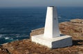 Concept of exploration. Waterfront lookout on cliff edge with white obelisk marker and idyllic and amazing vista of sea
