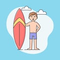 Concept Of Extreme Water Sports Courses. Cool Surfer Is Stadning In Swimming Trunks And Holding Big Surfboard