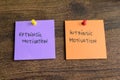 Concept of Extrinsic Motivation or Intrinsic Motivation write on sticky notes isolated on Wooden Table Royalty Free Stock Photo