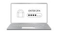 Concept of 2FA two-factor authentication on laptop screen isolated on white.