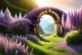 Fairytale Garden With Stone Arch And Lilacs. Fantasy Landscape, Lilac Bushes, Stone Arch, Portal, Entrance, Unreal . Generative AI