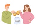 Concept of family budget and saving money. Cartoon man and a woman putting a gold coin into a jar. Vector isolated flat Royalty Free Stock Photo