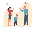 Concept of family conflict, mother and father yelling at son. Unhappy child, angry parents, stressful situation scene Royalty Free Stock Photo