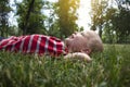 A happy boy lies in the grass, stroking her and looking at the sky. Sometimes something says or points a finger to the top. The Royalty Free Stock Photo