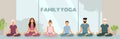 The concept of family yoga. Mother, father, son, daughter, grandmother, grandfather do yoga indoors. The family