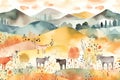 Farm animals seamless pattern, cows, cattle, countryside hand drawn watercolor illustration, summer design, textile, wallpaper, fa