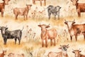 Farm animals seamless pattern, cows, cattle, countryside hand drawn watercolor illustration, summer design, textile, wallpaper, fa Royalty Free Stock Photo