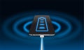 Concept of fast charging the phone through the cable. Smartphone wireless charging. Dark background with glowing blue