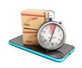 Concept of fast delivery and parcel tracking boxes are on the phone screen next to them is a stopwatch 3d render onw white Royalty Free Stock Photo