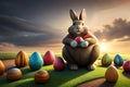 Fat Easter Bunny On A Pile Of Colourful Easter Eggs Eating Chocolate Eggs. Generative AI