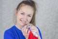 The concept of favorite pets. Beautiful woman posing with a mouse Royalty Free Stock Photo