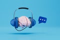 the concept of feedback. brain in headphones with microphone and message icon on a blue background. 3D render Royalty Free Stock Photo
