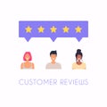 Concept of feedback, testimonials messages and notifications. Rating on customer service illustration. Five stars rating flat