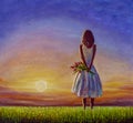 Concept of female loneliness. Acrylic painting lonely girl with bouquet of wildflowers looks into distance at sunset dawn of sun.