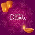 Concept festival Diwali with paper rangoli on purple background with text lettering happy Diwali, paper sky lanterns and diya oil