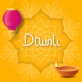Concept festive Diwali with paper rangoli, hanging pink paper lantern and oil lamp diya on yellow background for poster