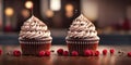 Two tasty cupcakes with strawberries around. ai generated