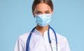 Concept of fighting and prevention coronavirus infection covid 19. woman doctor in protective medical mask