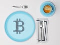 Bitcoin symbol made of binary digits served on blue empty plate with knife, fork and cup of coffee, 3D illustration, 3D render