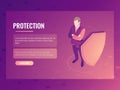 Concept of finance safety and risk protection, businessman with shield, data protection isometric vector banner 3d