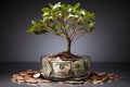 Green tree leaves are a symbol of a thriving business. Concept of financial growth, prosperity and success. The plant grows on the Royalty Free Stock Photo