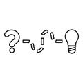 Concept of finding solution to the issue Question and path to the light bulb Searching for Innovation contour outline icon black