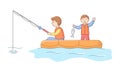 Concept Of Fishing And Fatherhood. Cheerful Fisherman Is Fishing From Boat On The Lake. Father And Son Have A Good Time Royalty Free Stock Photo