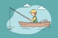 Concept Of Fishing With Spinning And Rest. Cheerful Fisherman Is Fishing From Boat On The Lake. Sport Outdoor Man