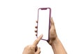 Concept of flat phone mockup. Purple smart phone in woman hands