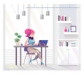 Concept in flat style with woman. Businesswoman works in office