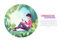 Concept in flat style. Young man sitting in park and chatting