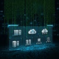 Concept with floating transparent panels displaying server and cloud icons Royalty Free Stock Photo