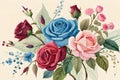 Flower set, blue flowers, pink and burgundy roses, twigs, leaves, compositions of roses, floral frame with roses, watercolor invit Royalty Free Stock Photo