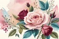 Flower set, blue flowers, pink and burgundy roses, twigs, leaves, compositions of roses, floral frame with roses, watercolor invit Royalty Free Stock Photo