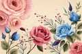 Flower set, blue flowers, pink and burgundy roses, twigs, leaves, compositions of roses, floral frame with roses, watercolor invit Royalty Free Stock Photo